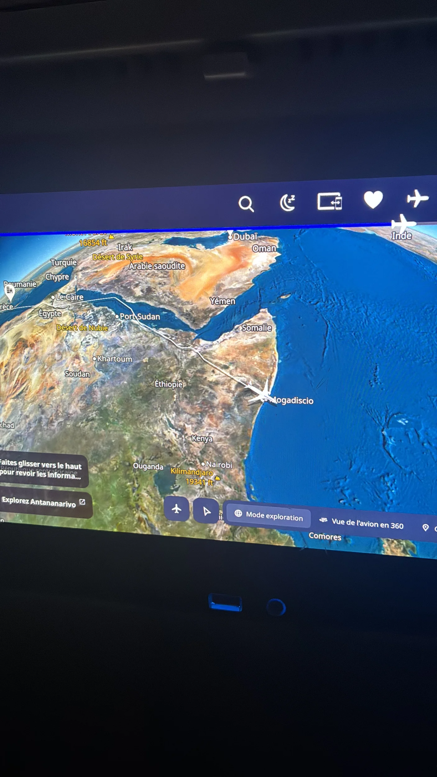 In-flight map showing the route toward Madagascar over the Horn of Africa